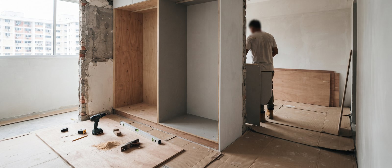 Carpentry installation in progress on a Singapore renovation site
