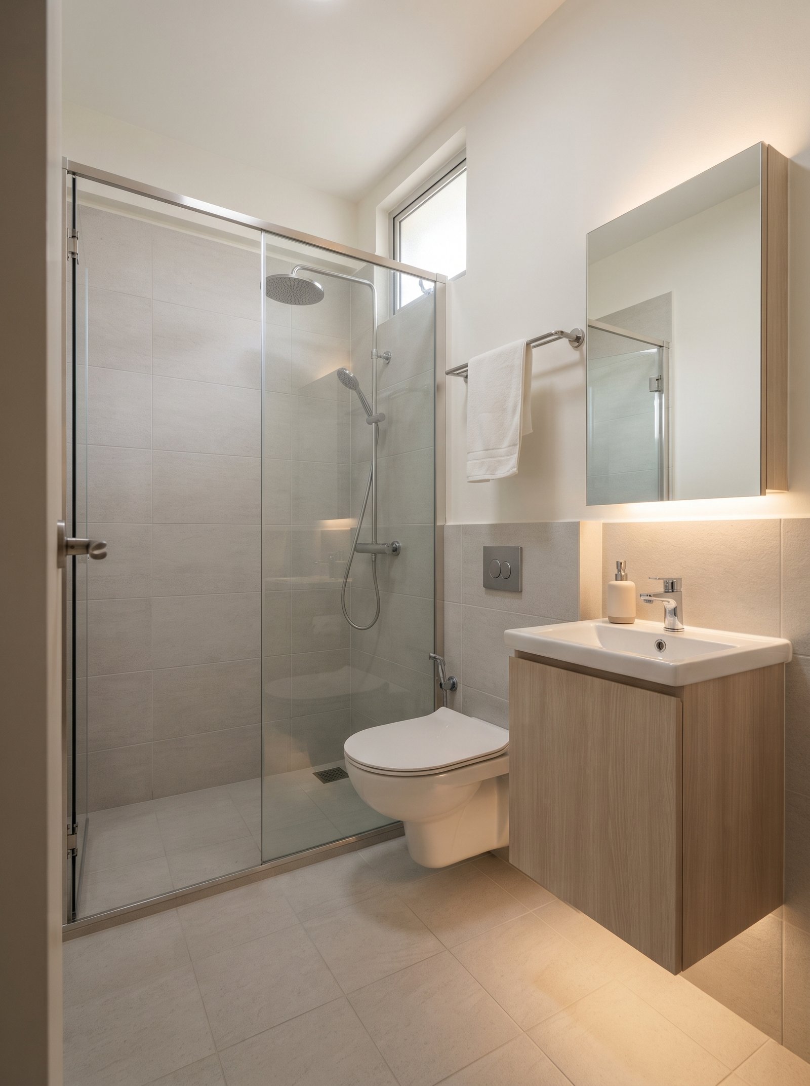 Bathroom with tiled wet area, completed renovation
